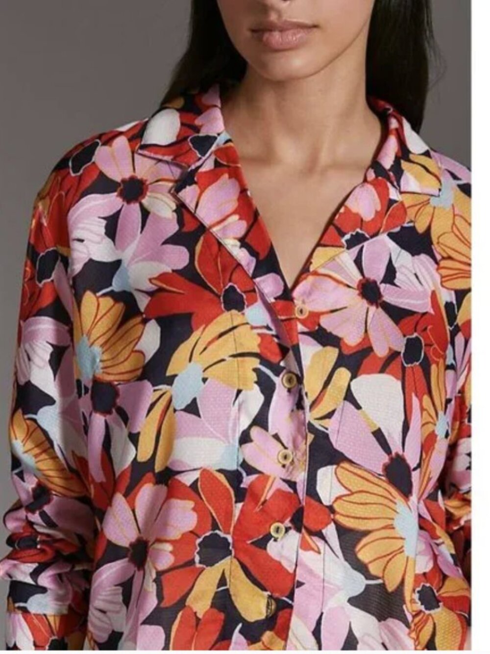 Maeve Multicolor Floral Button-Up Top - Red, Pink, Yellow, Black